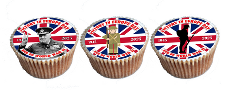 Celebrate 80 Years of Victory: VE Day 80th Anniversary Premium 30x 4CM Mixed Designs EDIBLE RICE PAPER CUP-CAKE TOPPERS UK D1