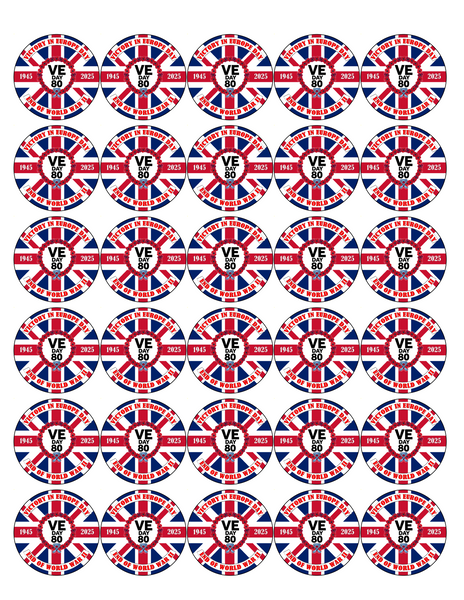 Celebrate 80 Years of Victory: VE Day 80th Anniversary Premium 30x 4CM EDIBLE STANDUP RICE CARD UK D6