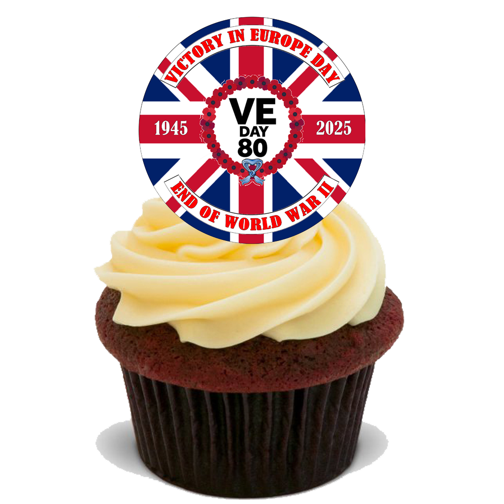 Celebrate 80 Years of Victory: VE Day 80th Anniversary Premium 30x 4CM EDIBLE STANDUP RICE CARD UK D6