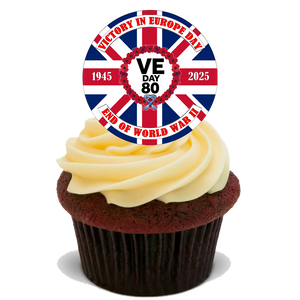 Celebrate 80 Years of Victory: VE Day 80th Anniversary Premium 30x 4CM EDIBLE STANDUP RICE CARD UK D6