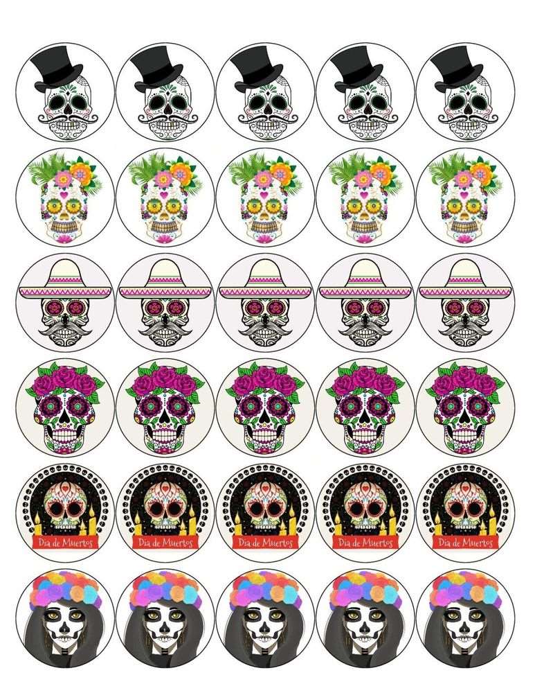 DAY OF THE DEAD 30 x 4cm PREMIUM EDIBLE ICING ROUND CUP CAKE TOPPERS D1