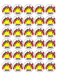 BMX 30 x 4cm PREMIUM EDIBLE RICE PAPER ROUND CUP CAKE TOPPERS BIKE RACING D1