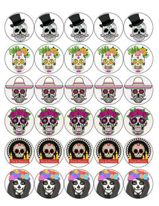 DAY OF THE DEAD 30 x 4cm PREMIUM EDIBLE RICE PAPER ROUND CUP CAKE TOPPERS D1