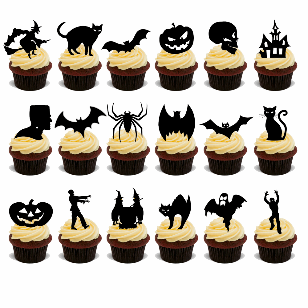 18 x HALLOWEEN EDIBLE CARD SILHOUETTE STAND UP PARTY CUP CAKE TOPPERS RICE UPS