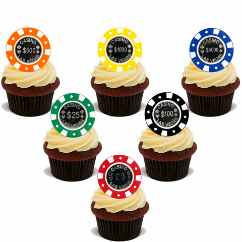 60x CASINO VEGAS POKER CHIPS Premium Edible Stand Up Rice Wafer Cake Toppers D3