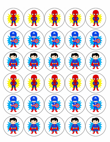 BOY SUPERHEROES 30 x 4cm PREMIUM EDIBLE RICE PAPER ROUND CUP CAKE TOPPERS D1 - KraftyDesigns