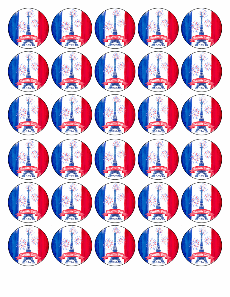 BASTILLE DAY 30 x 4cm PREMIUM EDIBLE ICING ROUND CUP CAKE TOPPERS FRENCH D2