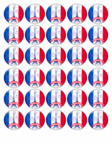 BASTILLE DAY 30 x 4cm PREMIUM EDIBLE ICING ROUND CUP CAKE TOPPERS FRENCH D2