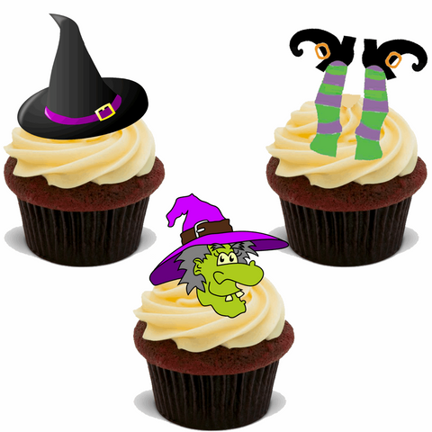 15 x HALLOWEEN EDIBLE MIX WITCH HAT LEGS STAND UP PARTY CUP CAKE TOPPERS UPS D14