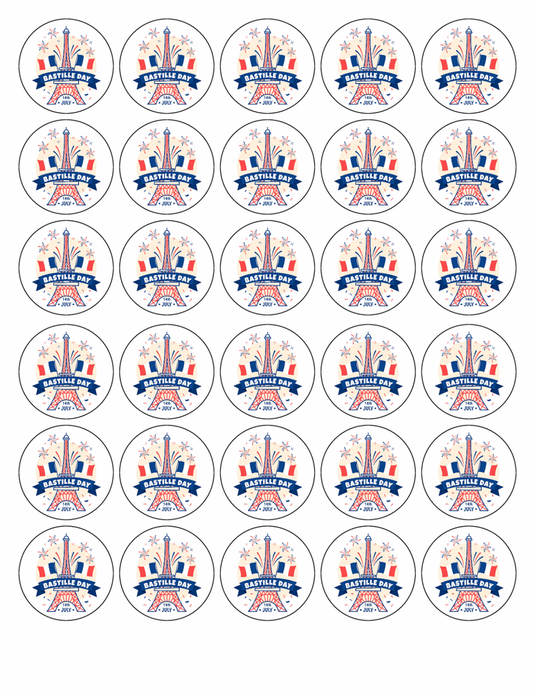 BASTILLE DAY 30 x 4cm PREMIUM EDIBLE RICE PAPER ROUND CUP CAKE TOPPERS FRENCH D1