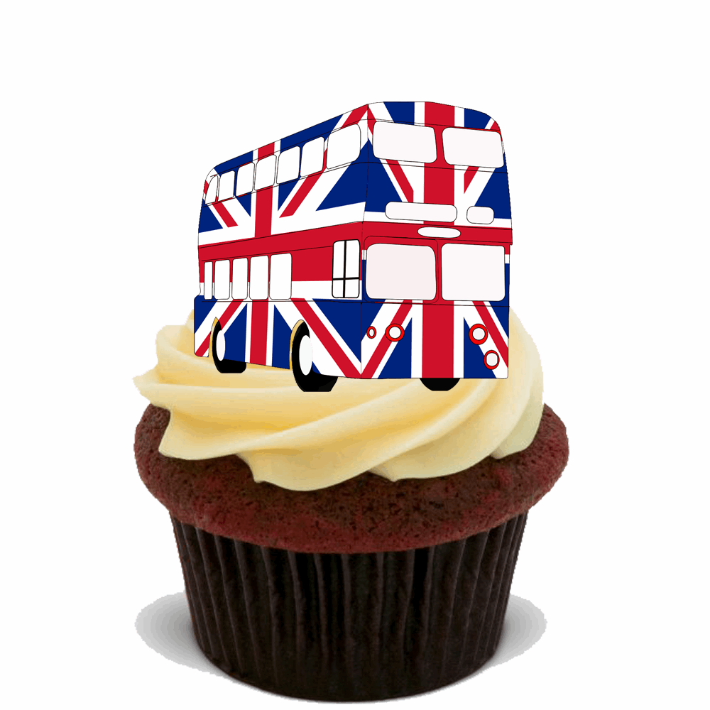 30 LONDON BUS UK FLAG PREMIUM EDIBLE STAND UP RICE ROYAL CUP CAKE TOPPERS D9