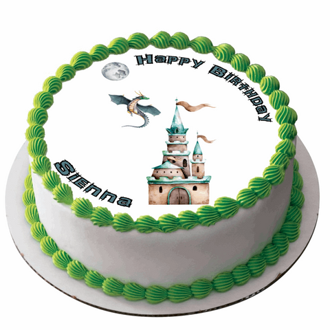 CASTLE DRAGON 7.5" ROUND ICING EDIBLE PREMIUM CAKE TOPPER 19CM DIAMETRE D4