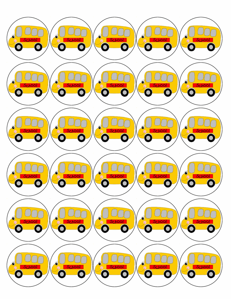 30x SCHOOL BUS Premium Rice Wafer Paper Cup Cake Toppers round fairy BUSES D1