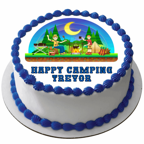 CAMPING 7.5" ROUND ICING EDIBLE PREMIUM CAKE TOPPER 19CM DIAMETRE D1 - KraftyDesigns