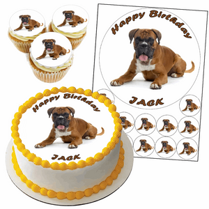 BOXER DOG 7.5" PLUS 12 X 1.5" ROUND PREMIUM Edible ICING PET Cake Topper D1