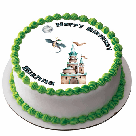 CASTLE DRAGON 7.5" ROUND RICE WAFER PAPER EDIBLE PREMIUM CAKE TOPPER MYTHICAL D4