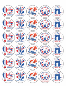 BASTILLE DAY MIX 30 x 4cm PREMIUM EDIBLE ICING ROUND CUP CAKE TOPPERS FRENCH D4