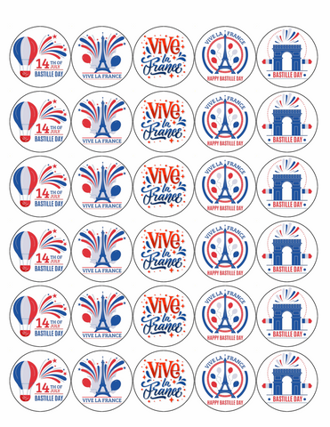 BASTILLE DAY MIX 30 x 4cm PREMIUM EDIBLE ICING ROUND CUP CAKE TOPPERS FRENCH D4