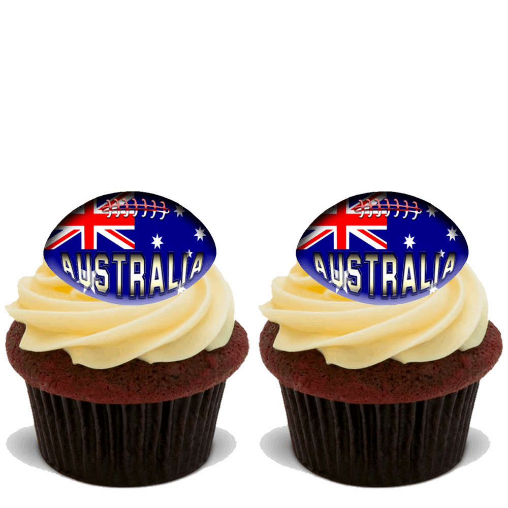 30x AUSTRALIA RUGBY BALL Premium Edible Stand Up Rice Wafer Cup Cake Toppers D1