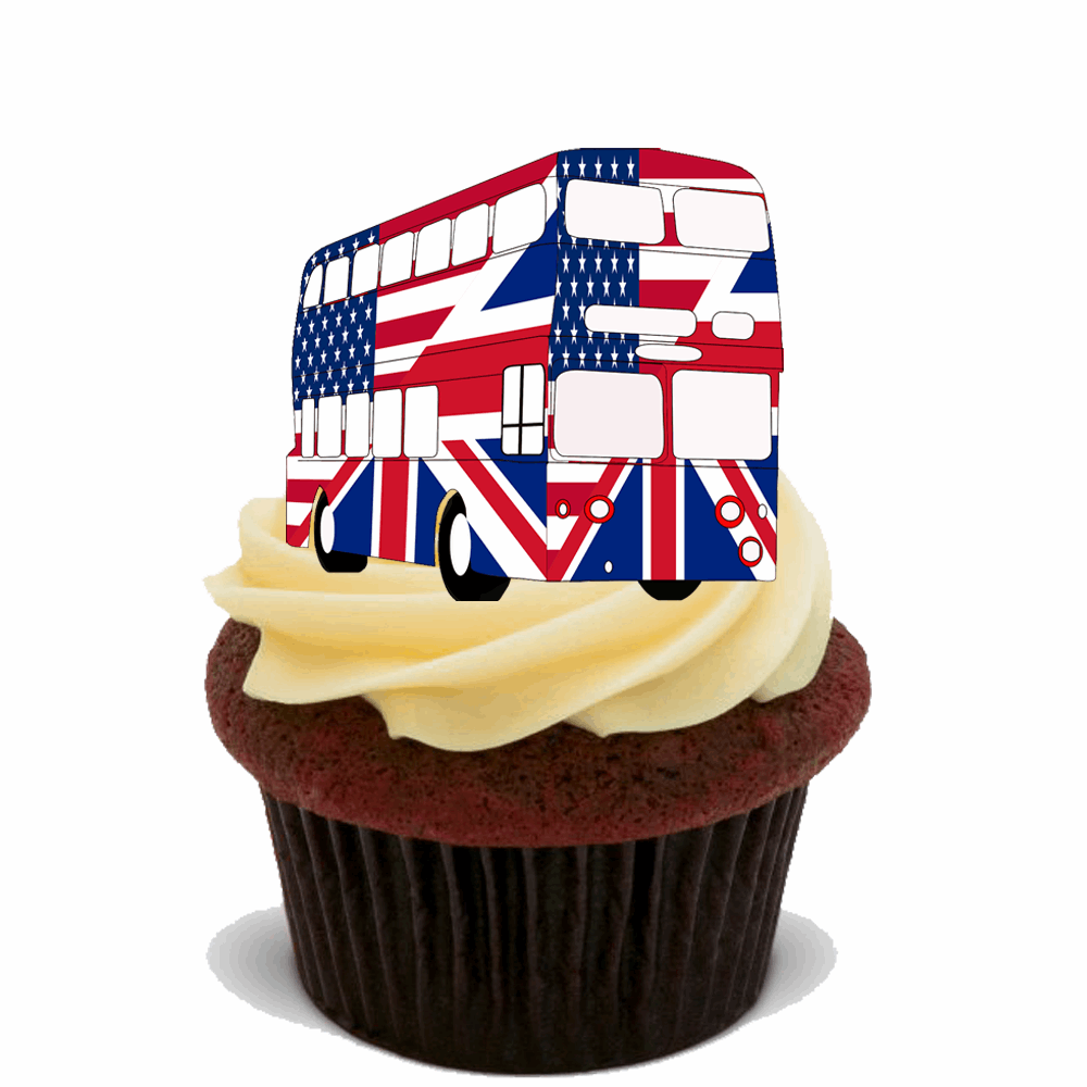 30 LONDON BUS UK USA FLAG ROYAL PREMIUM EDIBLE STAND UP RICE CUP CAKE TOPPERS D8