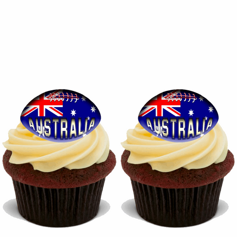 15x AUSTRALIA RUGBY BALL Premium Edible Stand Up Rice Wafer Cup Cake Toppers D1