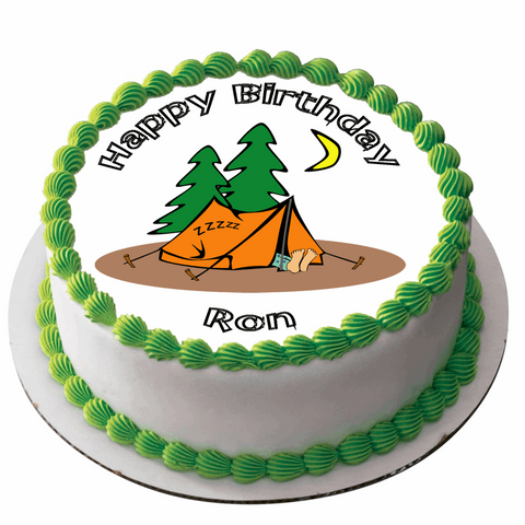 CAMPING 7.5" ROUND ICING EDIBLE PREMIUM CAKE TOPPER 19CM DIAMETRE TENT D2 - KraftyDesigns