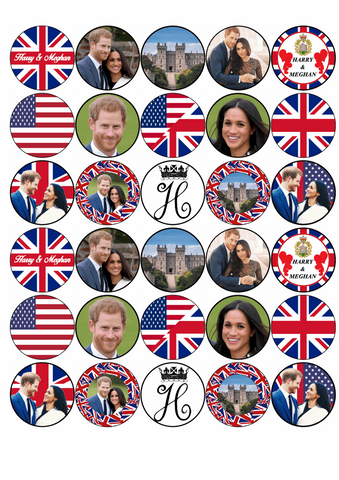 30 x PREMIUM ROYAL PRINCE HARRY & DUCHESS MEGHAN EDIBLE RICE CUP CAKE TOPPERS D1