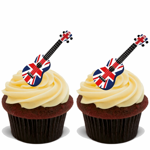 60x UNION JACK GUITAR VE DAY 75 YEARS EDIBLE STAND UP RICE CARD CAKE TOPPERS D2