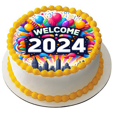 NEW YEAR WELCOME 2024 7.5" PREMIUM EDIBLE ICING CAKE TOPPER D1