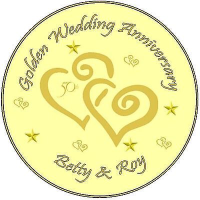 50th Wedding Anniversary - 7.5" Round ICING Cake Topper Gold Golden Wedding D1