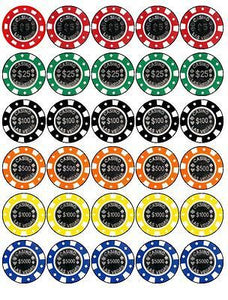 CASINO VEGAS POKER CHIPS - 30 x 1.5" / 4CM Rice Paper Cake Topper DECORATIONS D1