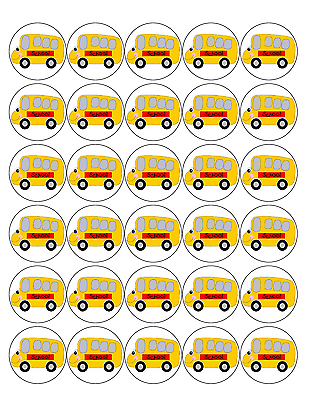 30x SCHOOL BUS Premium ICING Cup Cake Toppers round fairy BUSES D1