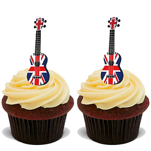 60x UNION JACK GUITAR VE DAY 75 YEARS EDIBLE RICE CARD STAND UP CAKE TOPPER D3