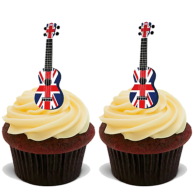 60x UNION JACK GUITAR VE DAY 75 YEARS EDIBLE RICE CARD STAND UP CAKE TOPPER D3