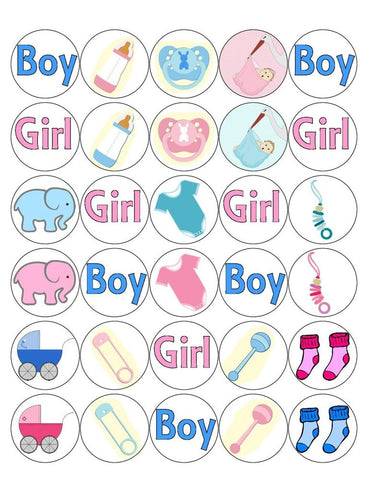 GENDER REVEAL 30 x 4cm PREMIUM EDIBLE RICE PAPER ROUND CUP CAKE TOPPERS BABY D10