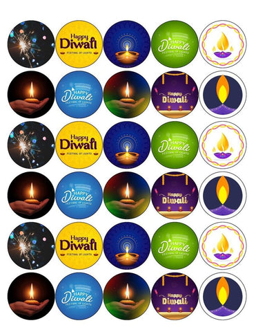 DIWALI MIX 30 x 4cm PREMIUM EDIBLE RICE PAPER ROUND CUP CAKE TOPPERS D5