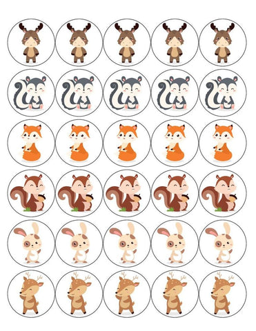 WOODLAND ANIMALS 30 x 4cm PREMIUM EDIBLE ICING ROUND CUP CAKE TOPPERS CUTE D1