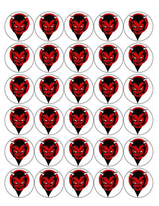 DEVIL 30 x 4cm PREMIUM EDIBLE RICE PAPER ROUND CUP CAKE TOPPERS SCARY D2