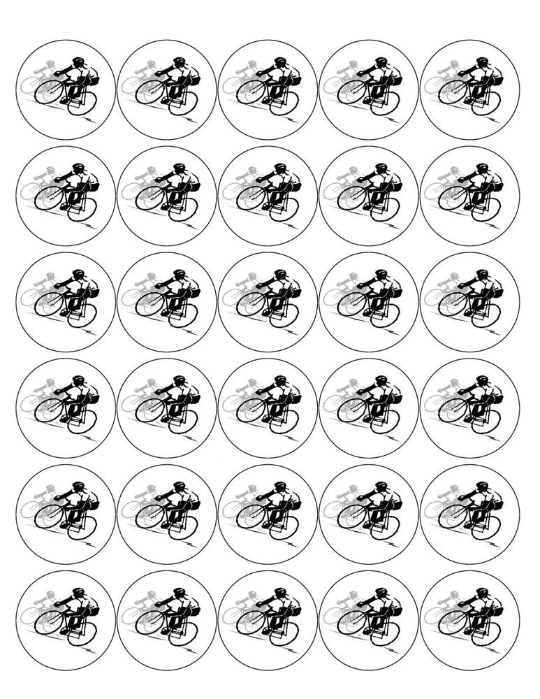 CYCLING 30 x 4cm PREMIUM EDIBLE RICE PAPER ROUND CUP CAKE TOPPERS BIKE RACING D2