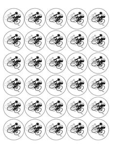 CYCLING 30 x 4cm PREMIUM EDIBLE RICE PAPER ROUND CUP CAKE TOPPERS BIKE RACING D2