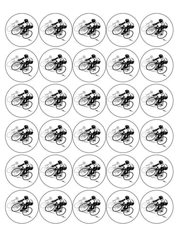 CYCLING 30 x 4cm PREMIUM EDIBLE RICE PAPER ROUND CUP CAKE TOPPERS BIKE RACING D2