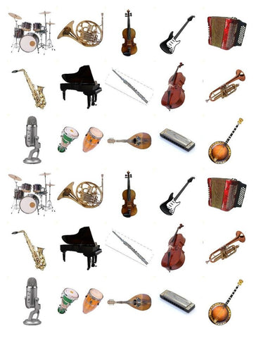 MUSICAL INSTRUMENTS 30 x 4cm PREMIUM EDIBLE RICE PAPER ROUND CUP CAKE TOPPERS D6