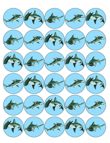 SHARK MIX 30 x 4cm PREMIUM EDIBLE RICE PAPER ROUND CUP CAKE TOPPERS OCEAN D8