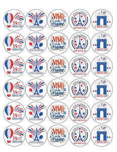 BASTILLE DAY MIX 30 x 4cm PREMIUM EDIBLE RICE PAPER ROUND CUP CAKE TOPPERS D4