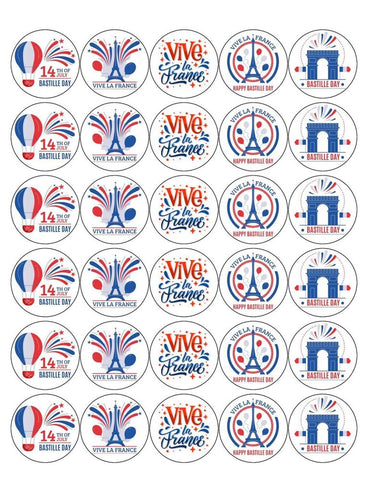 BASTILLE DAY MIX 30 x 4cm PREMIUM EDIBLE RICE PAPER ROUND CUP CAKE TOPPERS D4