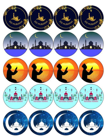 EID MIX 30 x 4cm PREMIUM EDIBLE ICING ROUND CUP CAKE TOPPERS D8