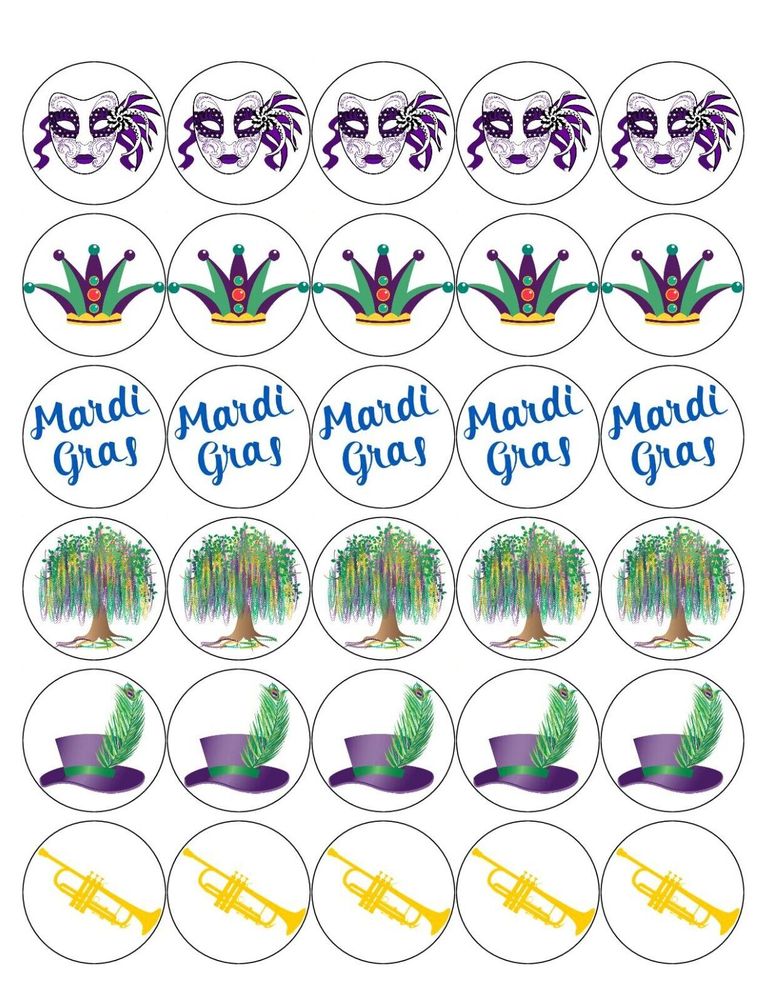 MARDI GRAS 30 x 4cm PREMIUM EDIBLE ICING ROUND CUP CAKE TOPPERS FESTIVAL D1