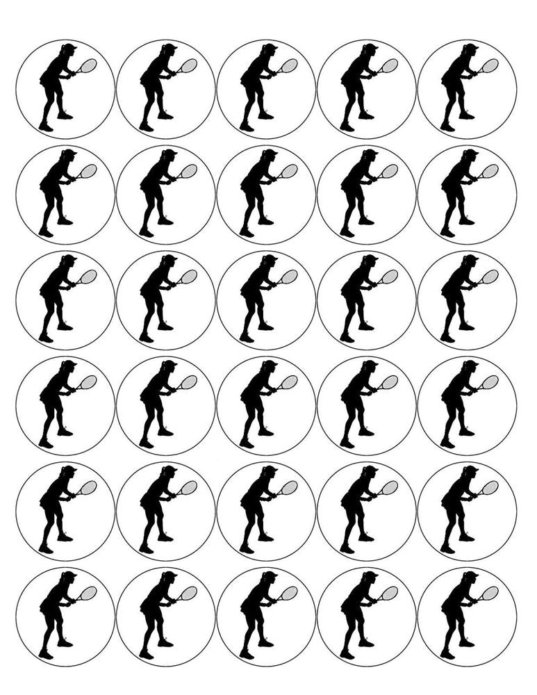 TENNIS 30 x 4cm PREMIUM EDIBLE ICING ROUND CUP CAKE TOPPERS SILHOUETTE D6