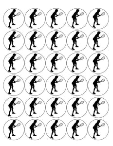 TENNIS 30 x 4cm PREMIUM EDIBLE ICING ROUND CUP CAKE TOPPERS SILHOUETTE D6