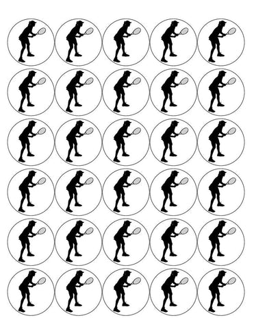 TENNIS 30 x 4cm PREMIUM EDIBLE ICING ROUND CUP CAKE TOPPERS SILHOUETTE D6